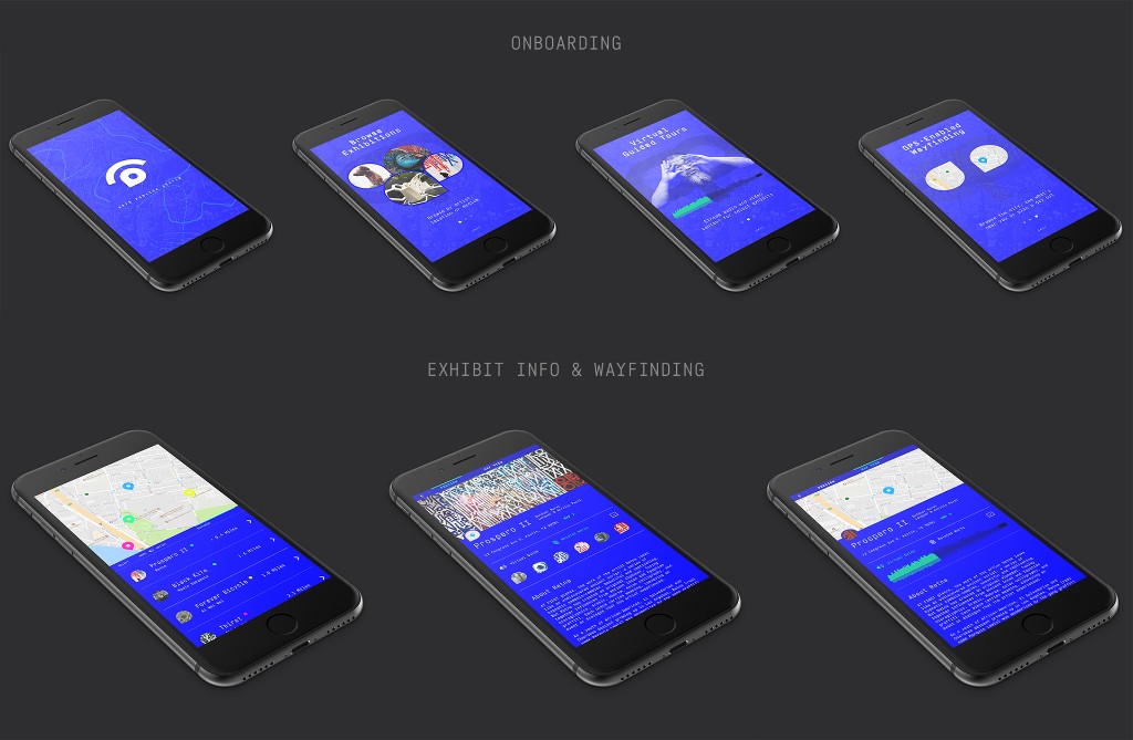 Arts Publica app screen flows — onboarding sequence and the exhibit-info and wayfinding views shown across multiple devices