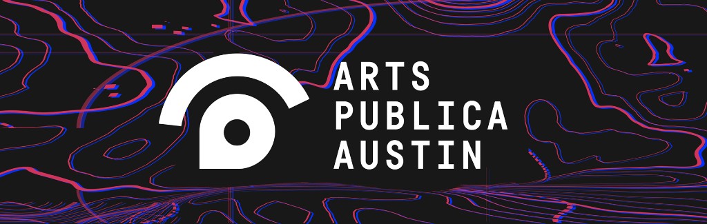 Arts Publica Austin logo — an abstract mark beside the wordmark, set against a topographic line pattern in pink and blue