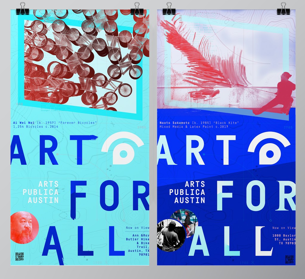Two 'Art for All' Arts Publica posters featuring Ai Weiwei's 'Forever Bicycles' and Naoto Sakamoto's 'Black Kite', each with the eye-and-pin mark