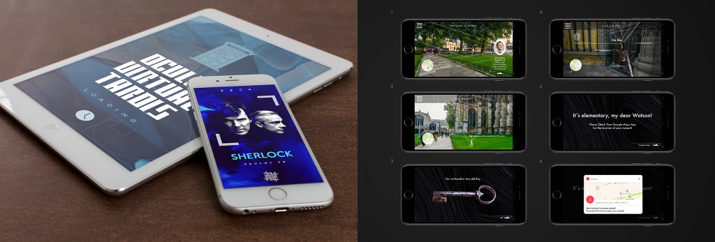 The BBC America VR app on tablet and phone — the Sherlock Oculus experience and a sequence of in-app mystery screens leading to a real-world reward