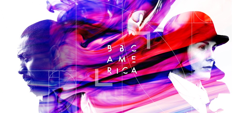 BBC America brand identity — the mark dissolving into vivid ink across portraits of its on-screen talent