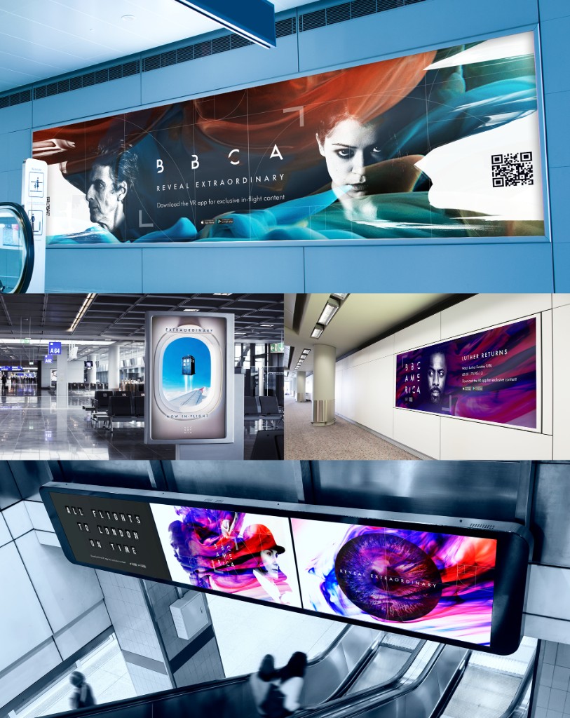 Airport and transit out-of-home placements, including in-flight-tuned content