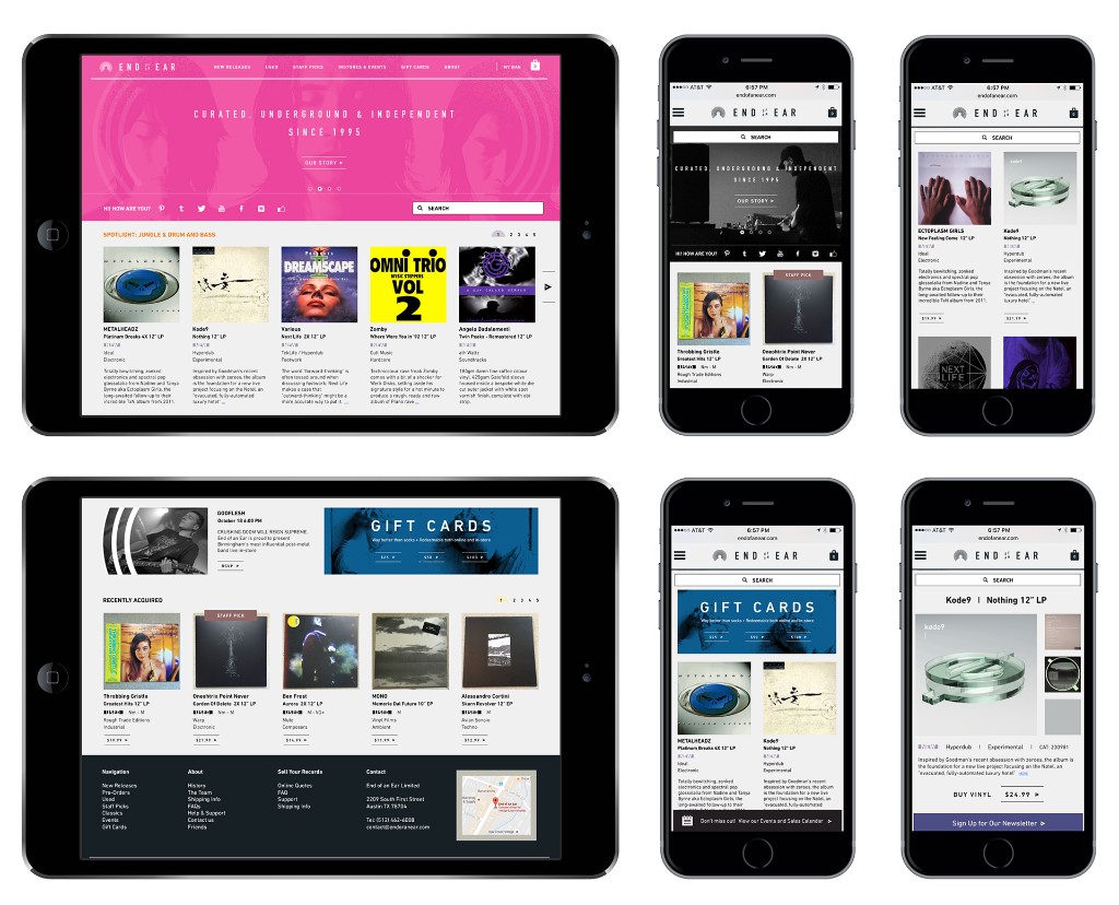The End of an Ear e-commerce concept shown across desktop and mobile — homepage spotlight, search-led browsing, gift cards, and product detail screens