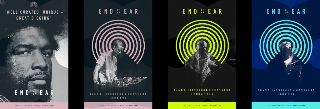 Four End of an Ear artist posters with the concentric-arc mark in pink, yellow, and blue colorways over duotone musician photography