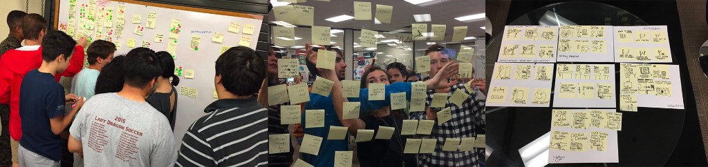 Students clustered around whiteboards and glass walls covered in sticky notes during a design-thinking workshop, beside a set of hand-drawn storyboard sketches