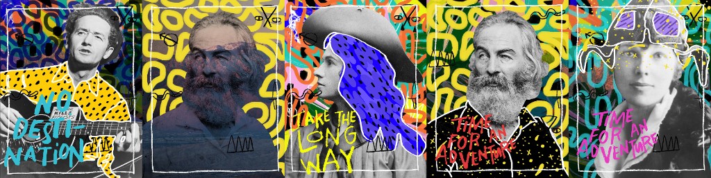 Five 'No Destination' posters — vivid collage portraits of American explorers and wanderers with hand-lettered slogans like 'No Destination' and 'Take the long way'