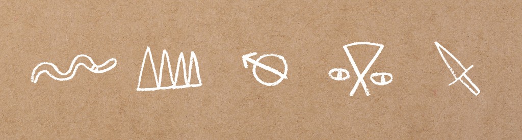A set of hand-drawn chalk-style brand icons on kraft paper — a winding road, mountains, a no-symbol compass, crossed elements, and a knife