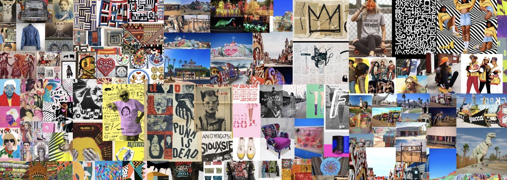 A dense moodboard collage of outsider art, punk-rock posters, '90s fashion, and vintage roadside Americana