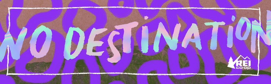 The 'No Destination' hand-lettered wordmark with the REI Co-op logo, set over a purple topographic landscape