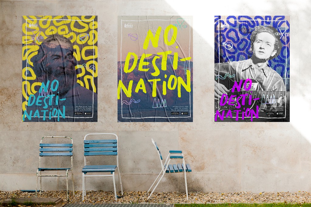 Three 'No Destination' posters wheat-pasted on an exterior wall above a row of vintage folding chairs