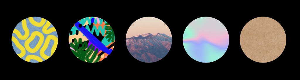 The No Destination color and texture system shown as five circular swatches — pattern, collage, mountain photography, holographic gradient, and kraft paper